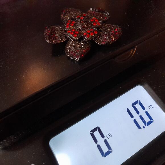 Vintage Red Rhinestone Black Metal Flower Brooch, 2" - Picture 10 of 10